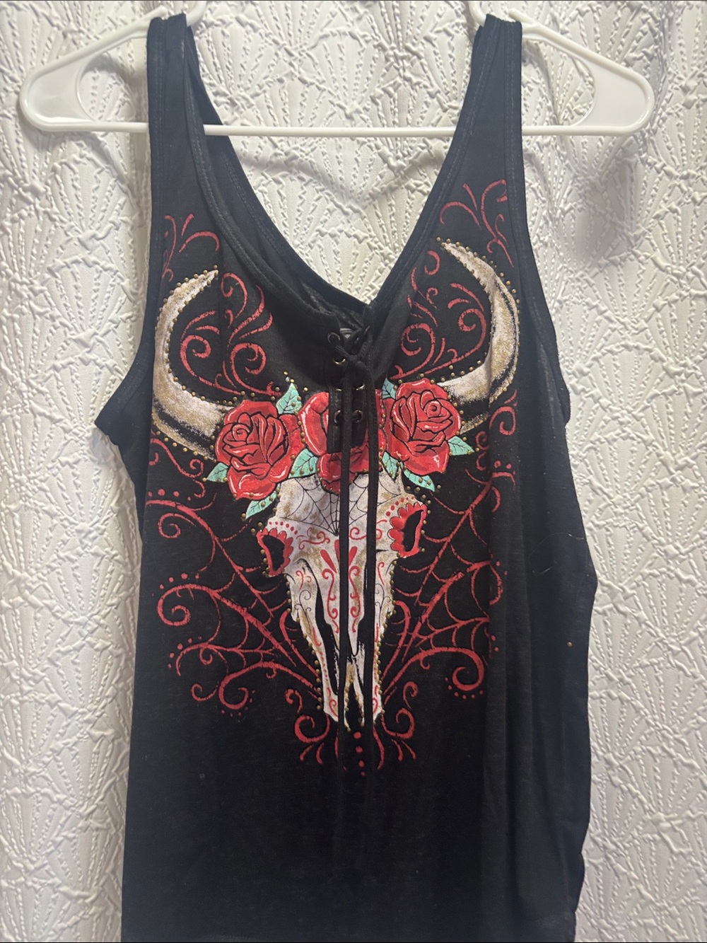 Black Floral Bull Skull Lace-Up Tank Top